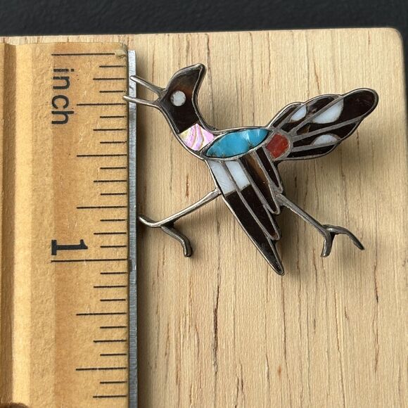Vintage Zuni signed Sterling Silver Bird Brooch Inlay Turquoise Coral Shell 1.5” - Picture 5 of 5